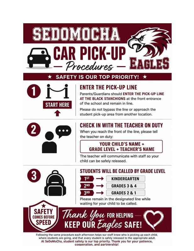 Flyer outlining car pick-up procedures