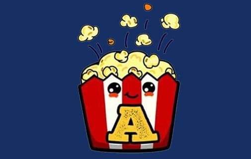 Cartoon red and white popcorn bucket with smiling face and letter 'A' on front on blue solid background