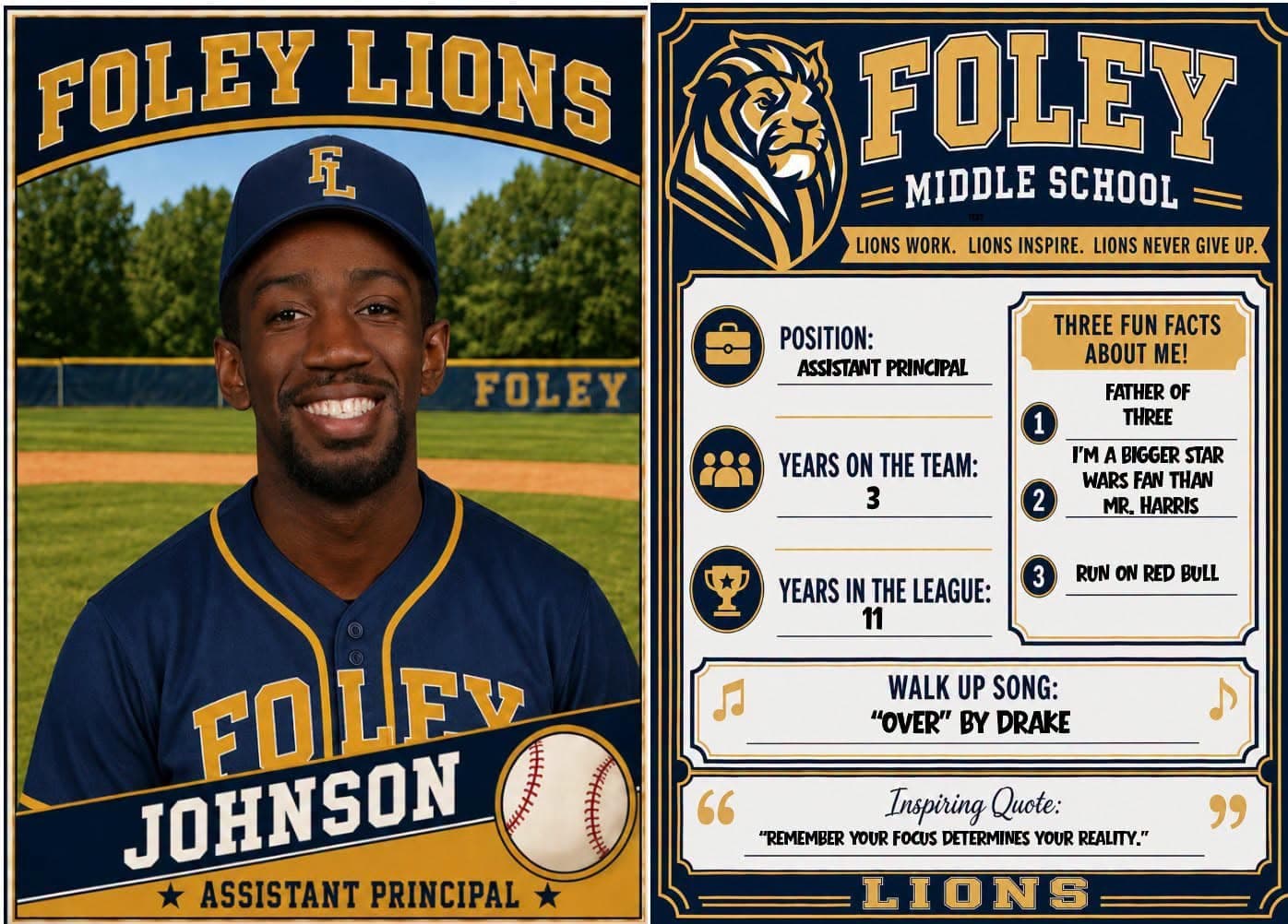 Assistant Principal Johnson's Opening 26-27 Season baseball card with his facts and walk out song.