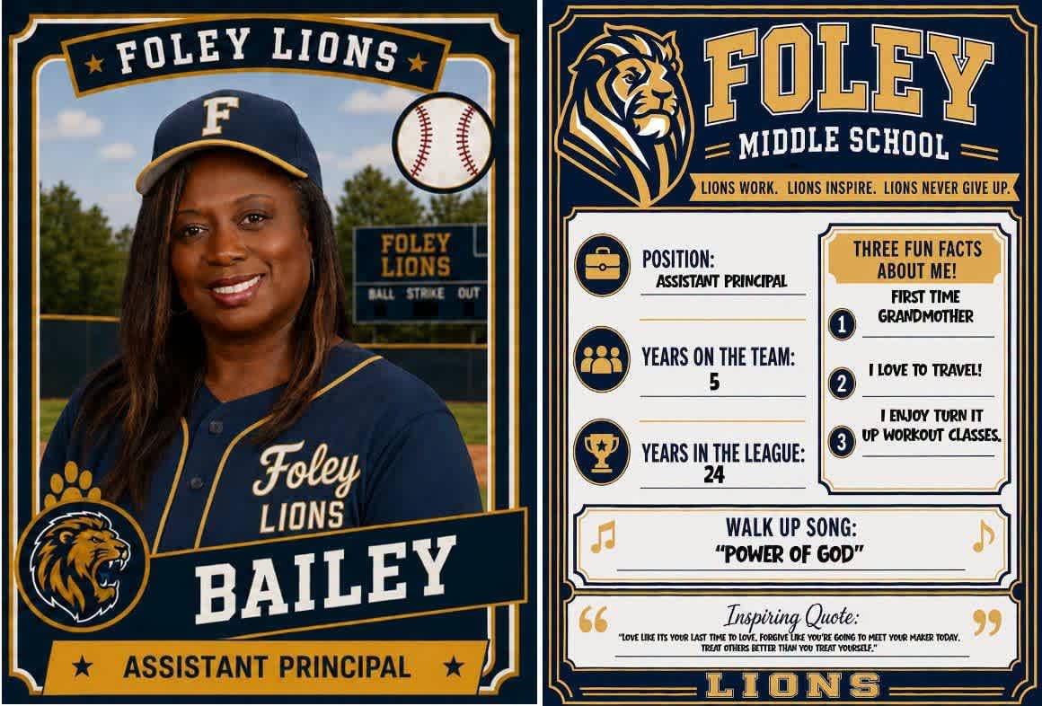 Assistant Principal Dr. Bailey's Opening 26-27 Season baseball card with his facts and walk out song.
