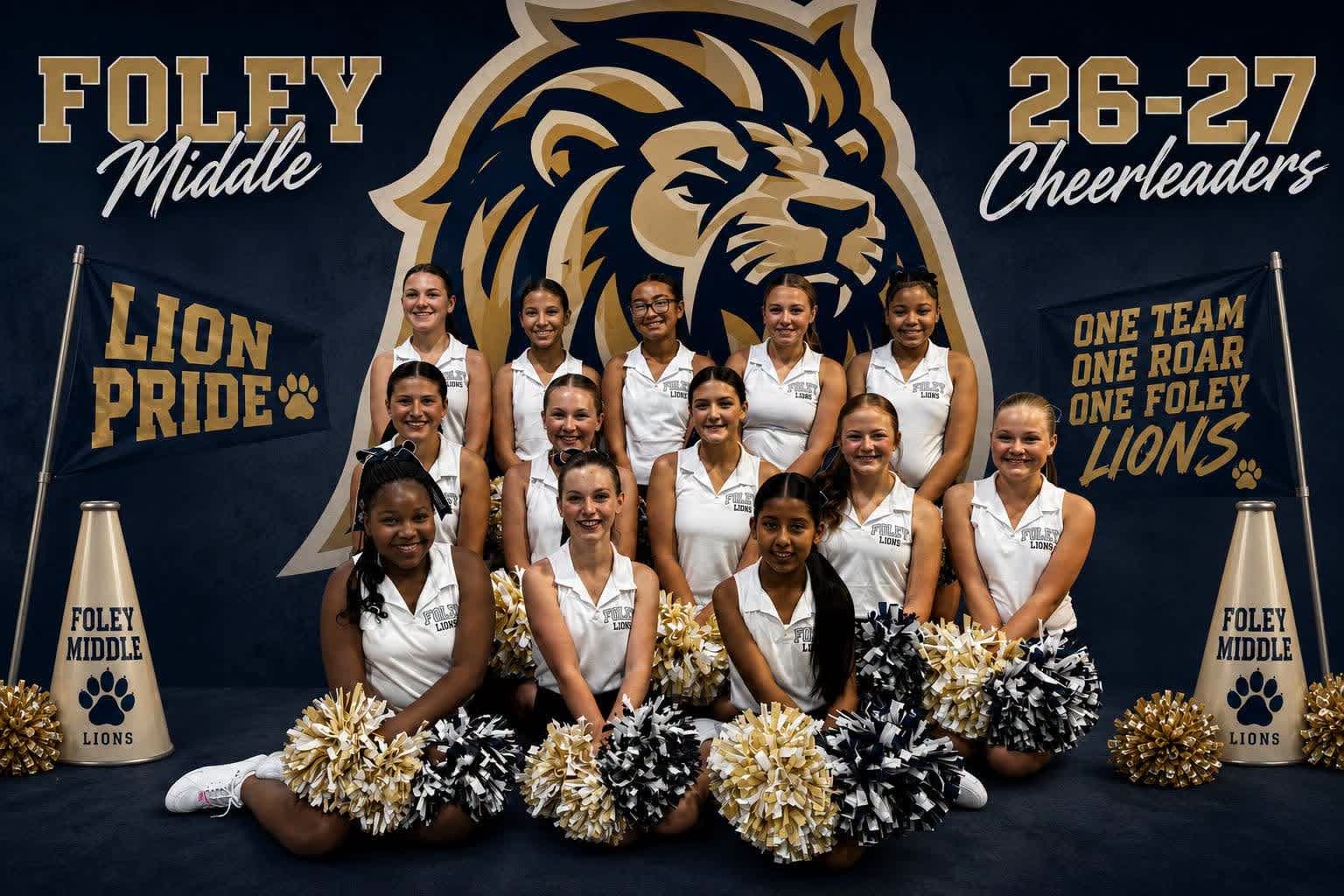 A group of Foley Middle School cheerleaders pose in front of a large lion logo and school banners.