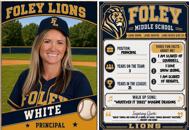 Principal White's Opening 26-27 Season baseball card with his facts and walk out song.