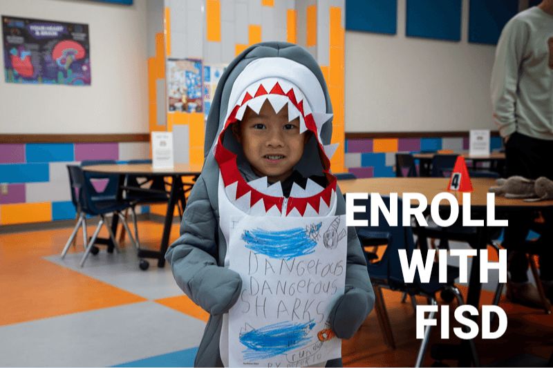 Enrollment button - student in shark costume