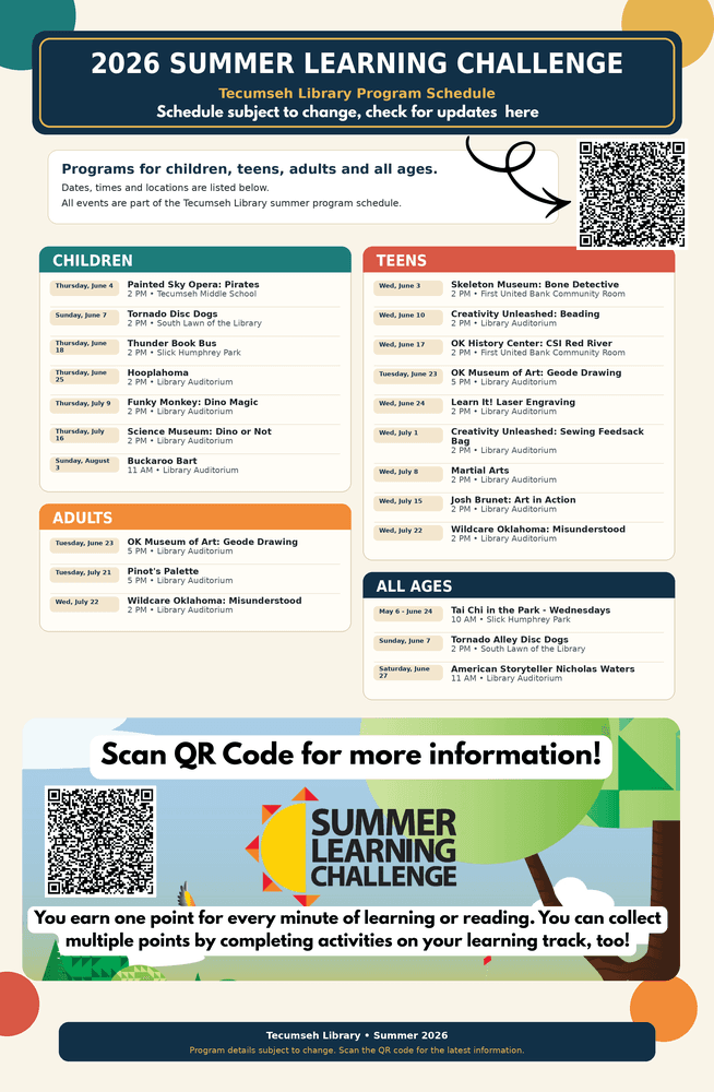 Tecumseh Library Summer Learning Challenge and Schedule