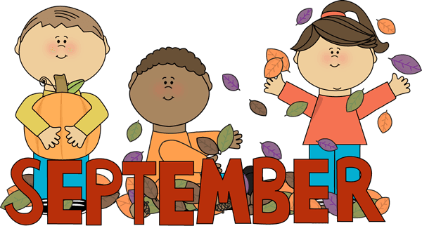 3 cartoon kids throwing leaves and the word September in red at the bottom.