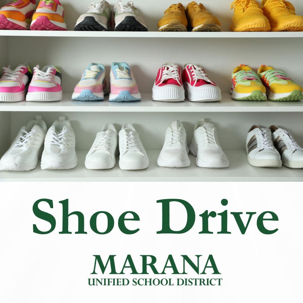 Photo of Shoes on Shelving, with words "Shoe Drive" and MUSD Logo