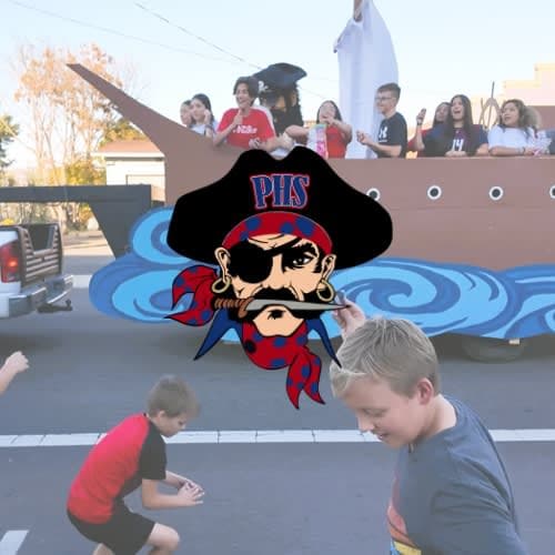 A graphic that shows a parade and a pirate head