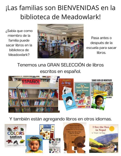 A library welcomes families with a variety of books in Spanish and other languages.