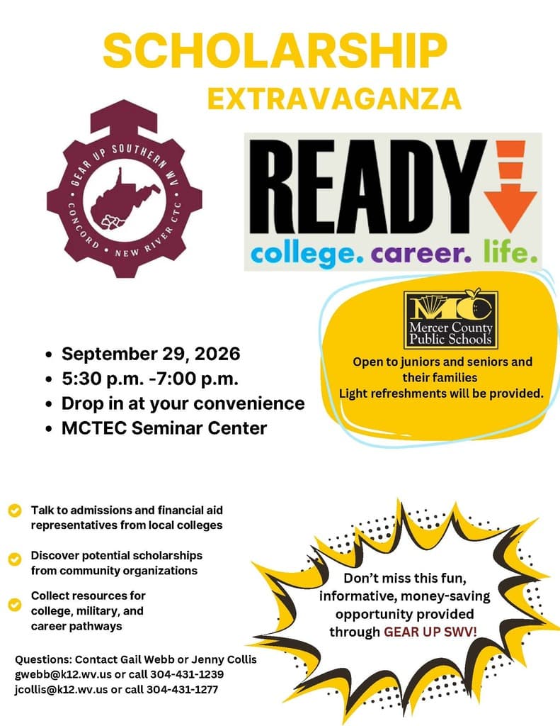 Advertisement poster with "SCHOLARSHIP EXTRAVAGANZA READY" text. Below, details include "September 29, 2026, 5:30-7:00 pm, MCTEC Seminar Center."