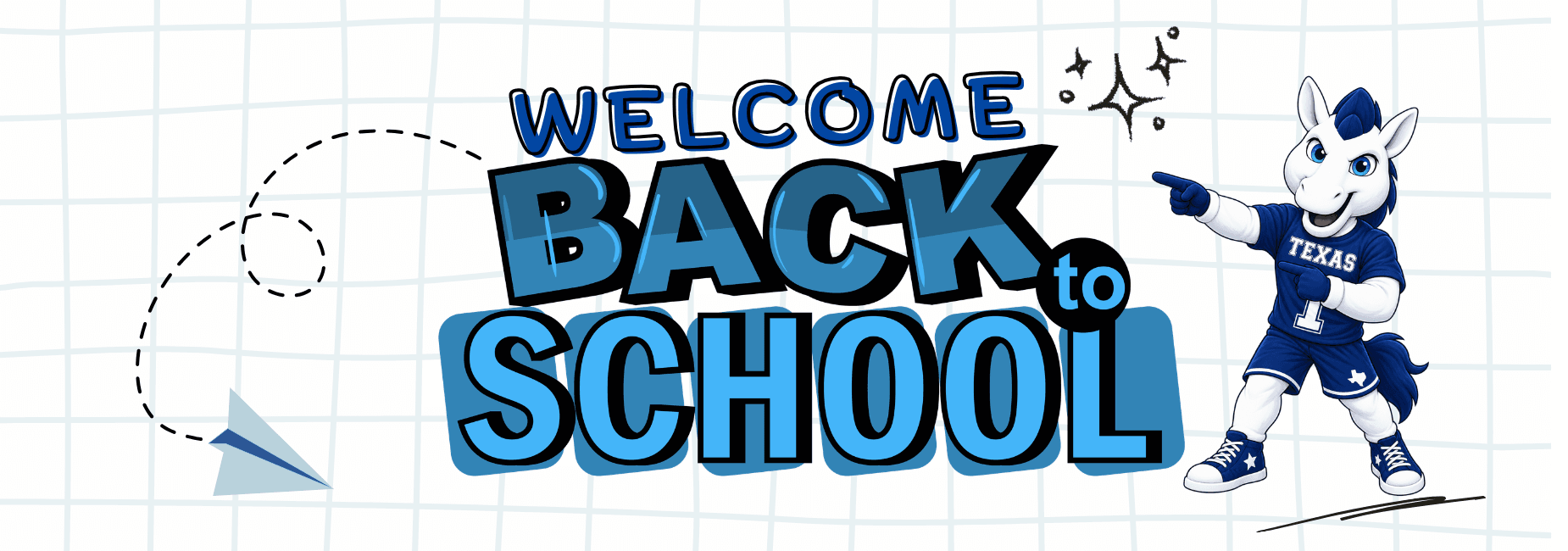 Text welcoming students back to school with a cartoon mascot pointing.
