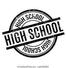 A black and white circular stamp reads 'HIGH SCHOOL' in a bold font.