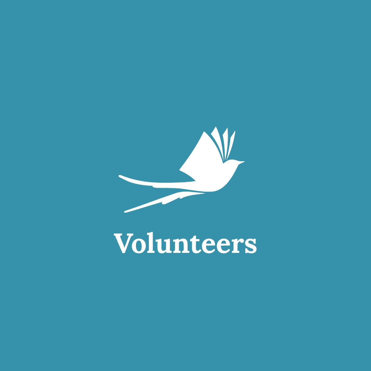 A white silhouette of a bird with open wings, resembling an open book, soars across a teal background, with the word "Volunteers" written below it.