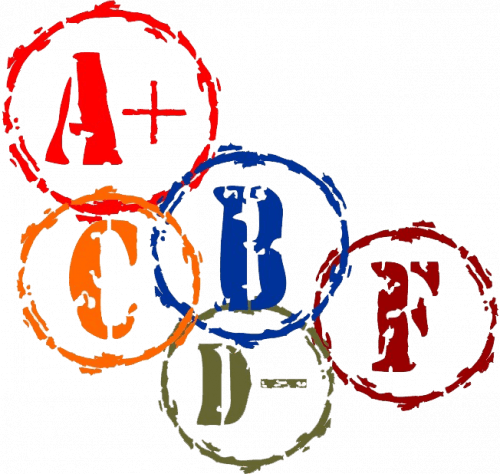 Various letter grades (A+, B, C, D-, F) are displayed in colorful, circular stamps.