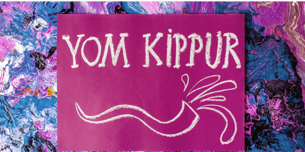 Yom Kippur- White lettering, purple paper background on top of purple hues background