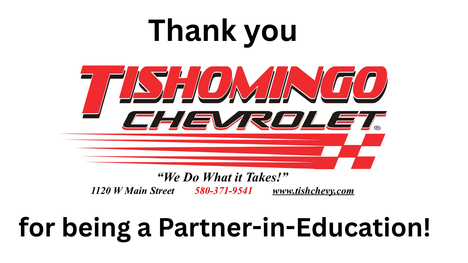 The Tishomingo Chevrolet logo with text thanking partners in education.