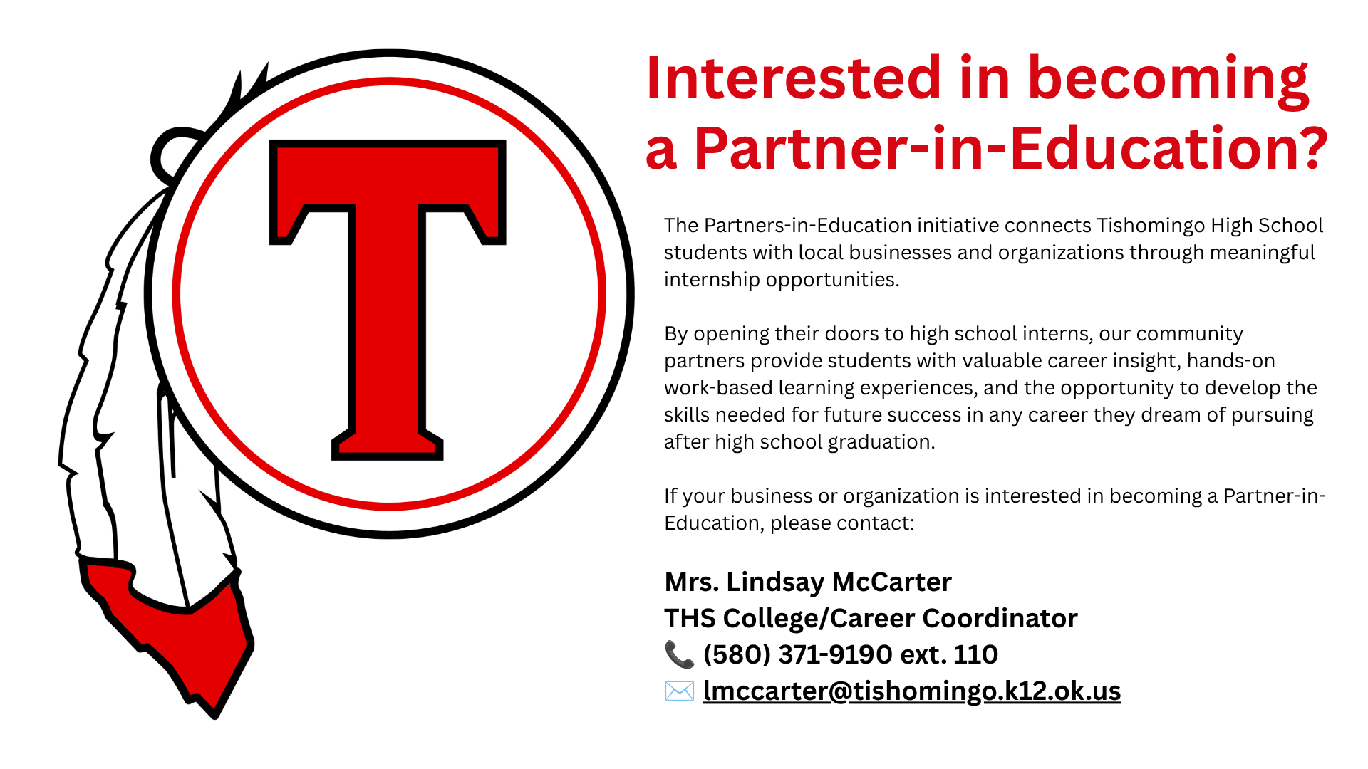 Logo with a red 'T' inside a circle, next to text about becoming a Partner-in-Education.