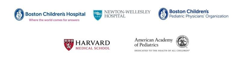 logos for boston childrens, newton wellesley hospital, boston childrens alliance, harvard medical school, and AAP