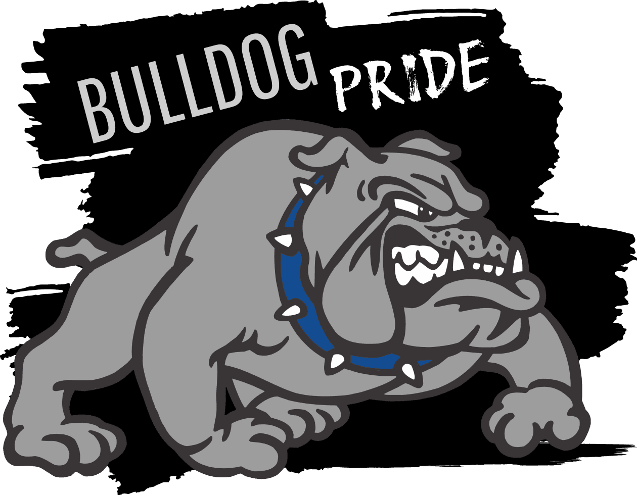 A cartoon bulldog with a blue collar and the words 'Bulldog Pride' above.