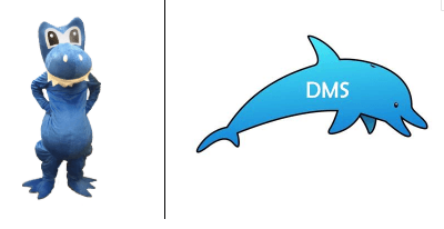DeMasi Schools Mascots. The Blue and white DeMasi Dinosaur and the DeMasi Dolphin.