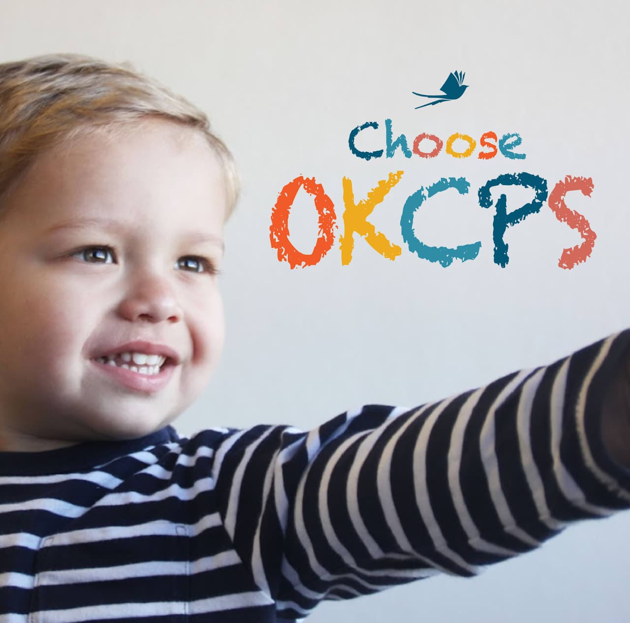 A smiling young boy in a striped shirt reaches out towards the colorful text "Choose OKCPS" against a plain background.