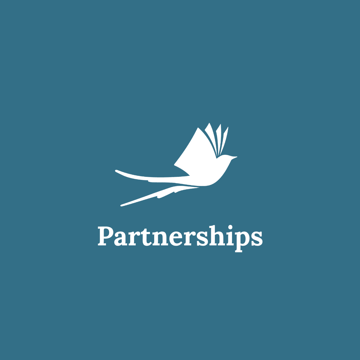 A white silhouette of a bird with open book wings soars across a teal background, with the word "Partnerships" centered below.