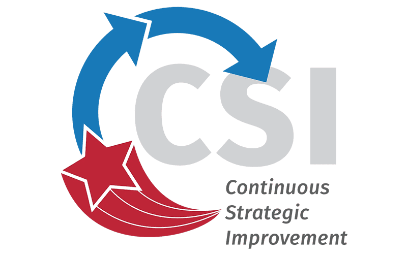 The image depicts the acronym "CSI" surrounded by blue and red arrows, representing the concept of "Continuous Strategic Improvement".