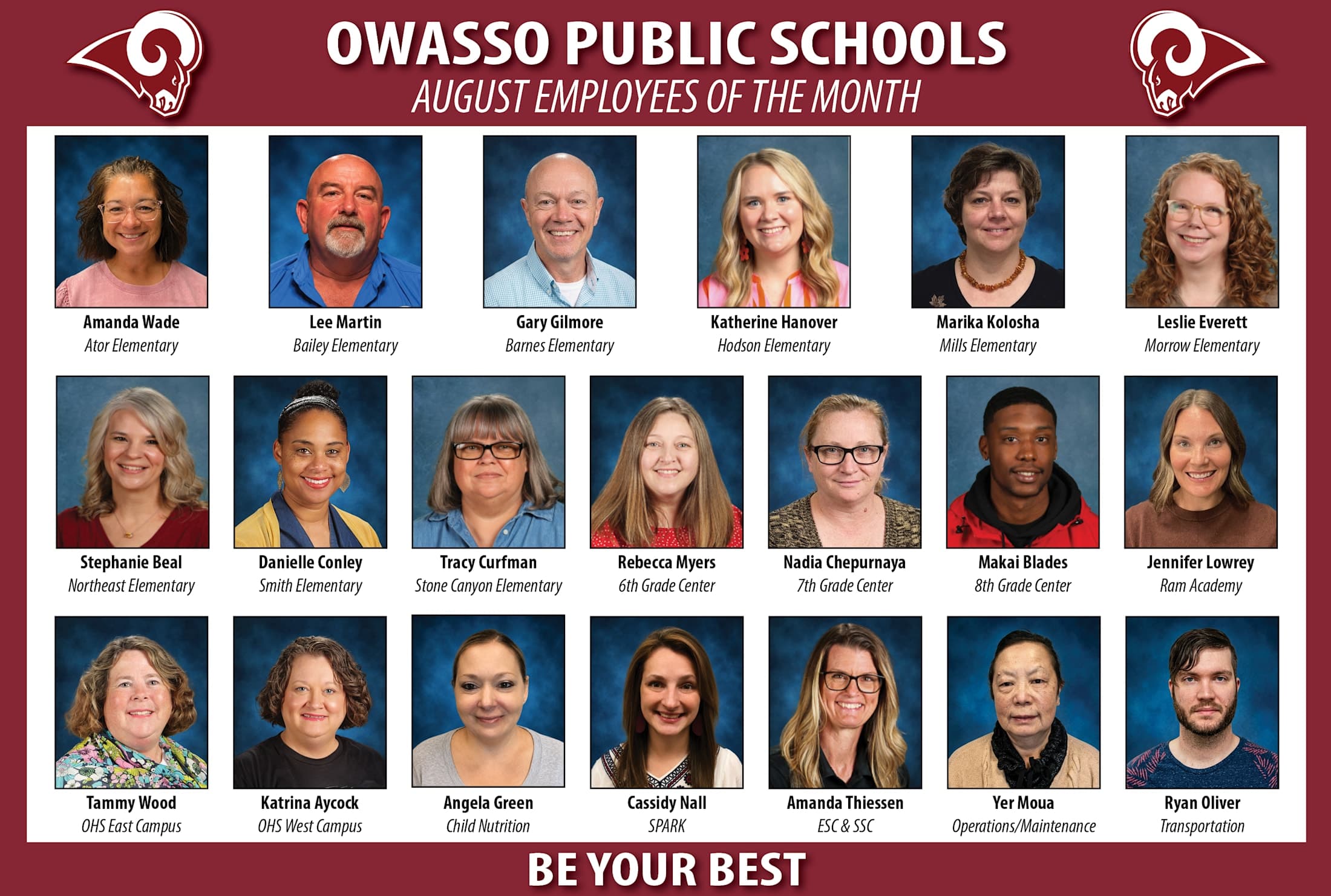 The image displays portraits of various employees of the Owasso Public Schools, with the title "August Employees of the Month" prominently displayed at the top.