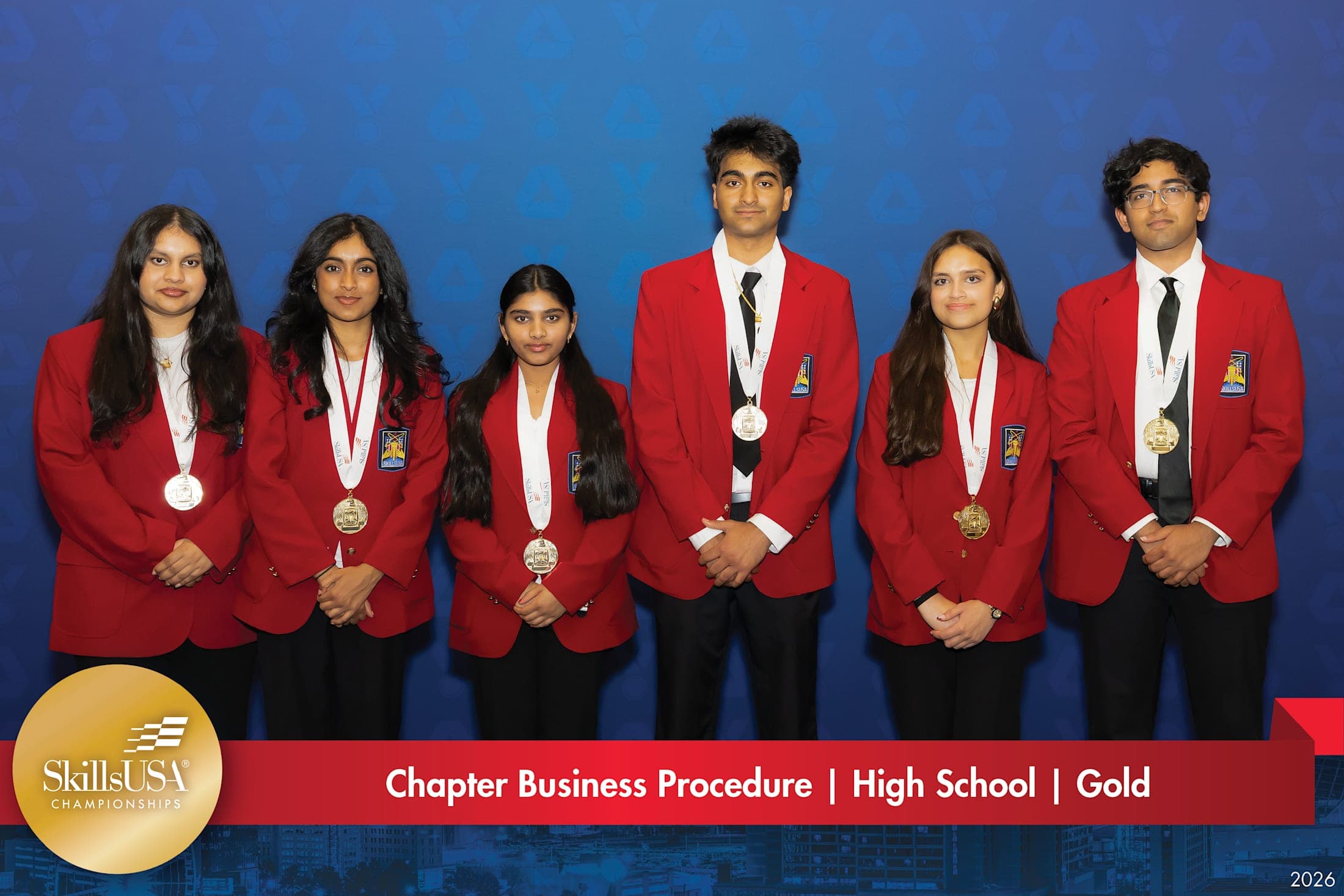 The National Gold Medal winning SkillsUSA Chapter Business Procedure team from SCVTHS: Bhumija Grandhe (Bridgewater), Trisha Iyer (Somerville), Samanvi Mokkarala (Bridgewater), Guru Puduru (Bridgewater), Varnika Pujari (Warren), (Vaibhav Vujjini (Hillsborough)