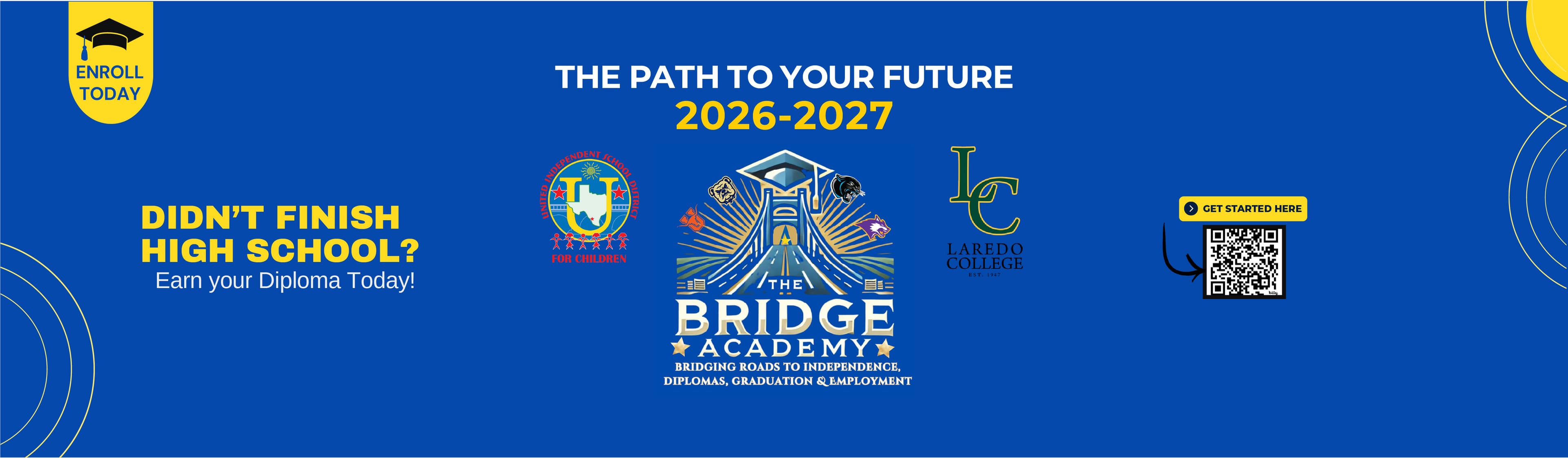 A blue background with yellow and green shapes and text.