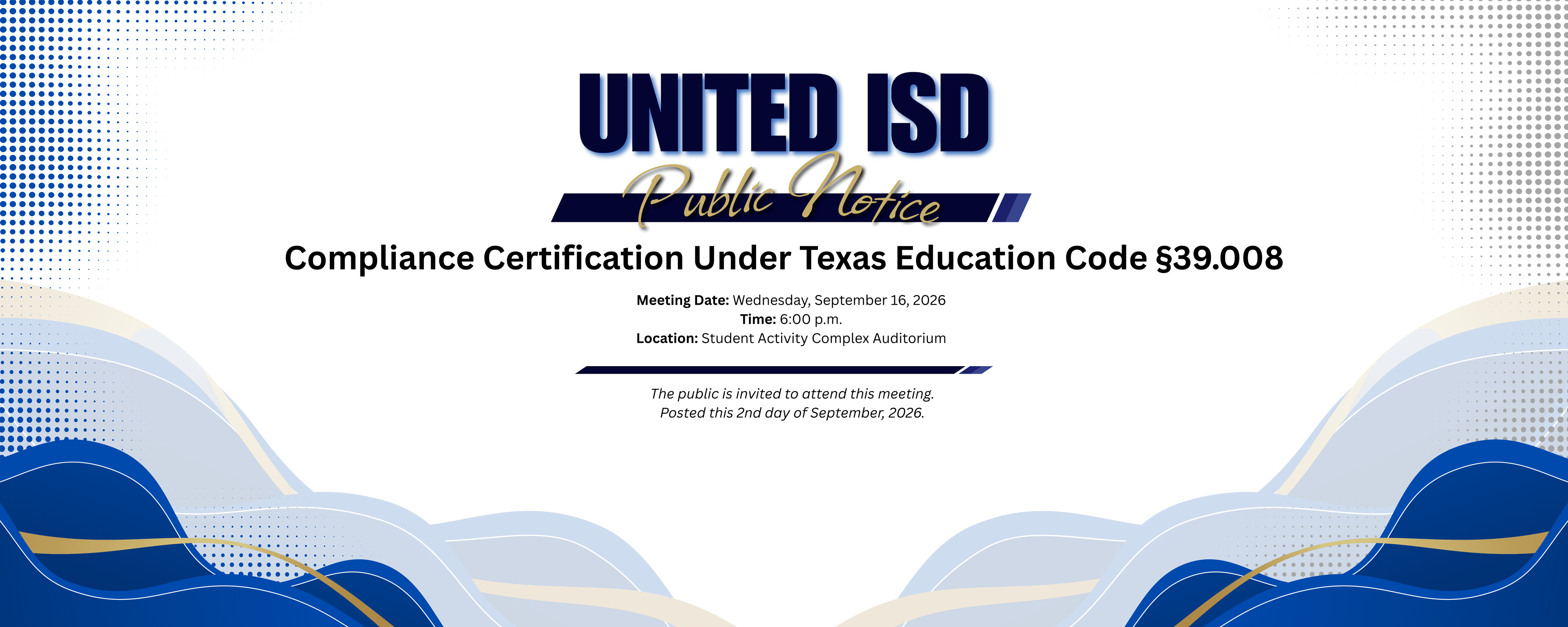 A digital graphic features the text 'UNITED ISD' with additional smaller text below, set against a white background with blue abstract shapes at the bottom corners.