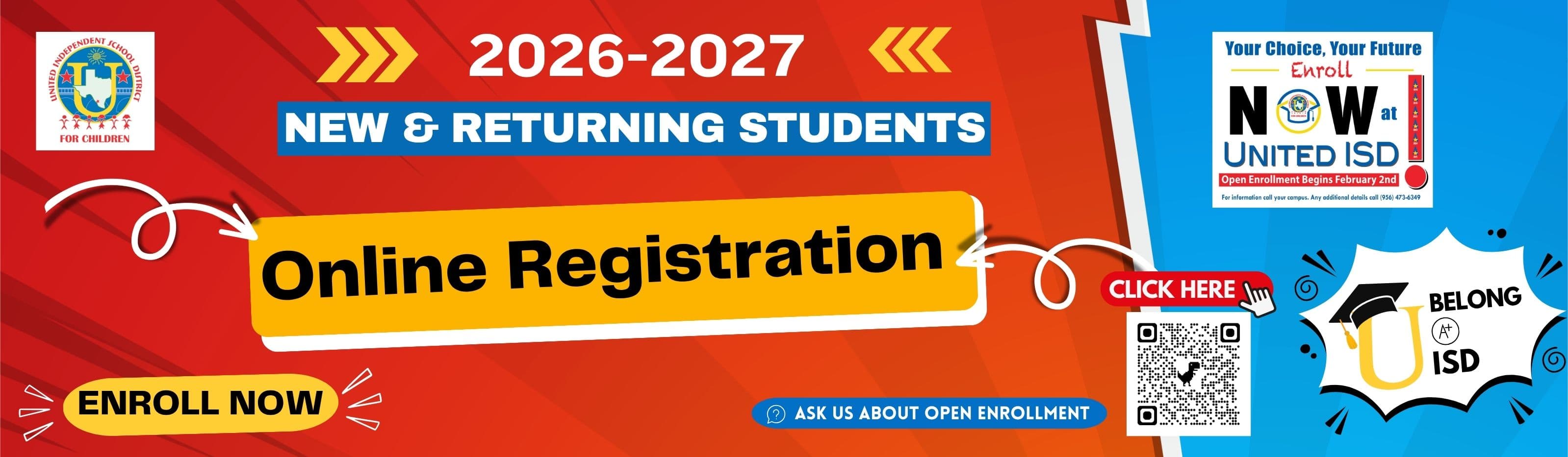 Banner promoting online registration for United ISD for the 2026-2027 school year.