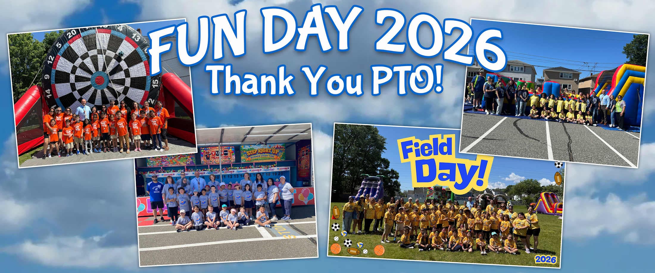 A collage of photos from a %22Fun Day 2026%22 event, featuring children in sports attire and inflatable attractions, is set against a sky background.