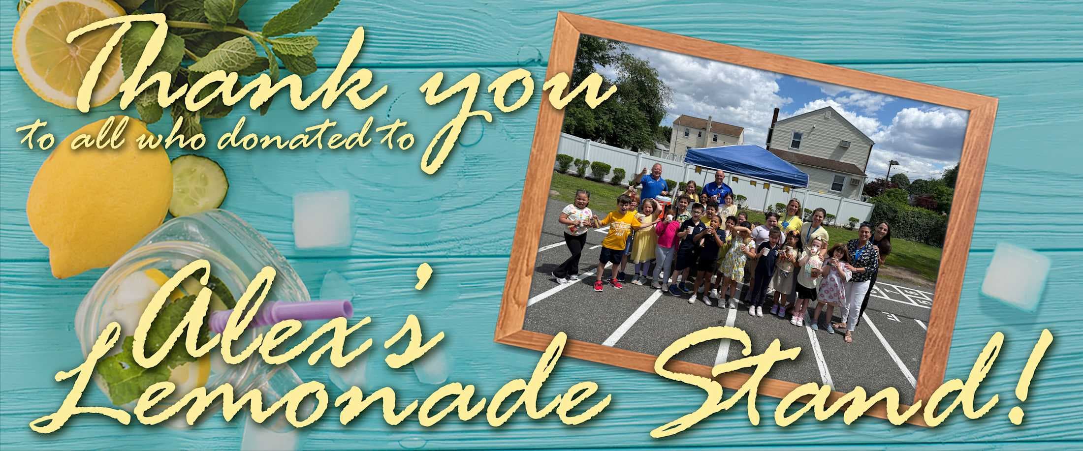 Lemons, mint, and ice cubes are in the foreground, while a framed photo of children at a lemonade stand is in the background.