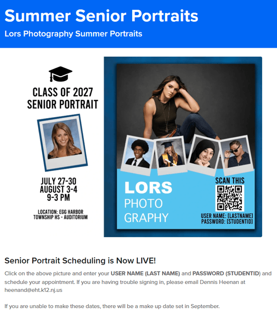 Advertisement for 'Summer Senior Portraits' by LORS Photography, featuring a young woman and smaller portraits of graduates.