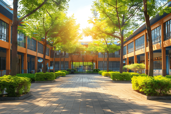 A tree-lined courtyard with a path leading to a building.