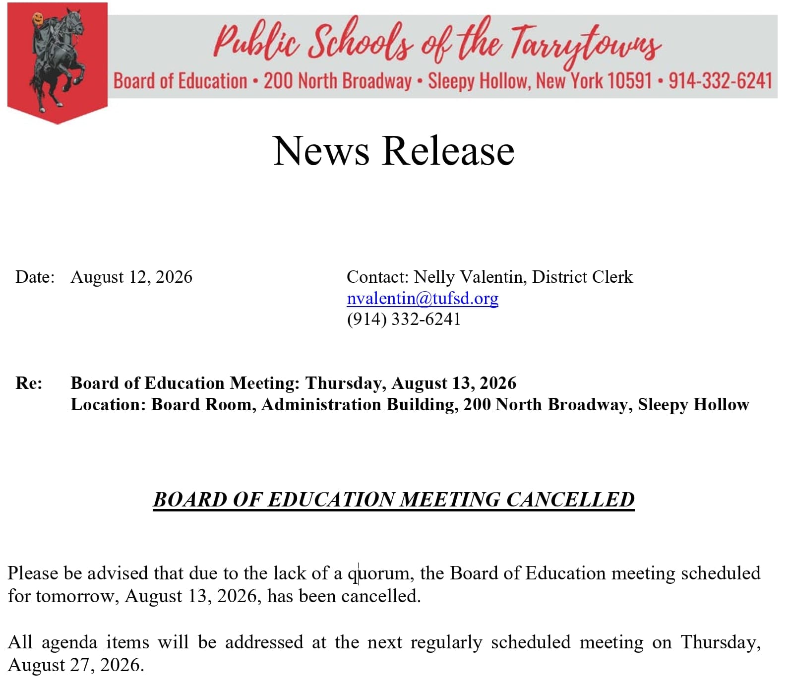 Board of Education Meeting Canceled