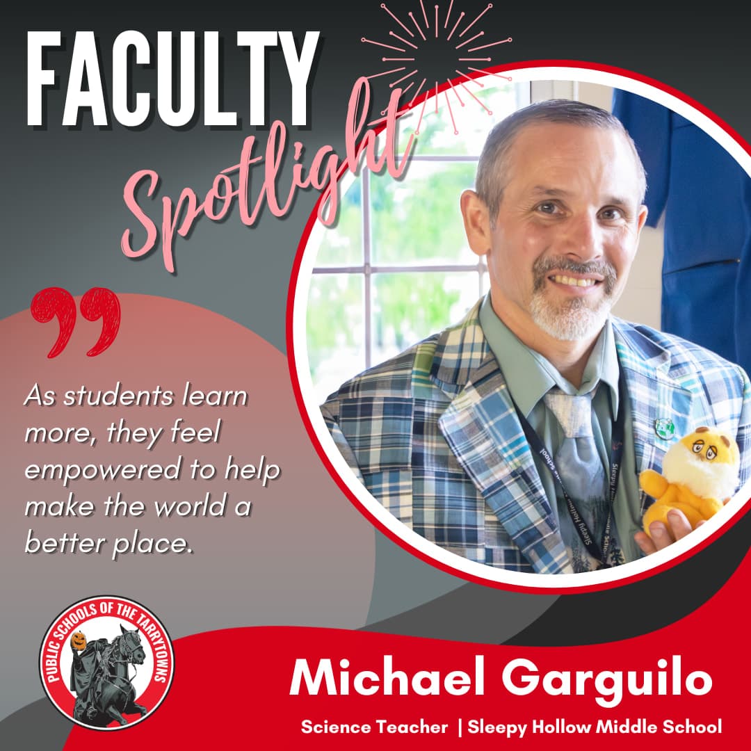 A smiling science teacher, Michael Garguilo, is featured in a circular frame against a background of text and a school logo.