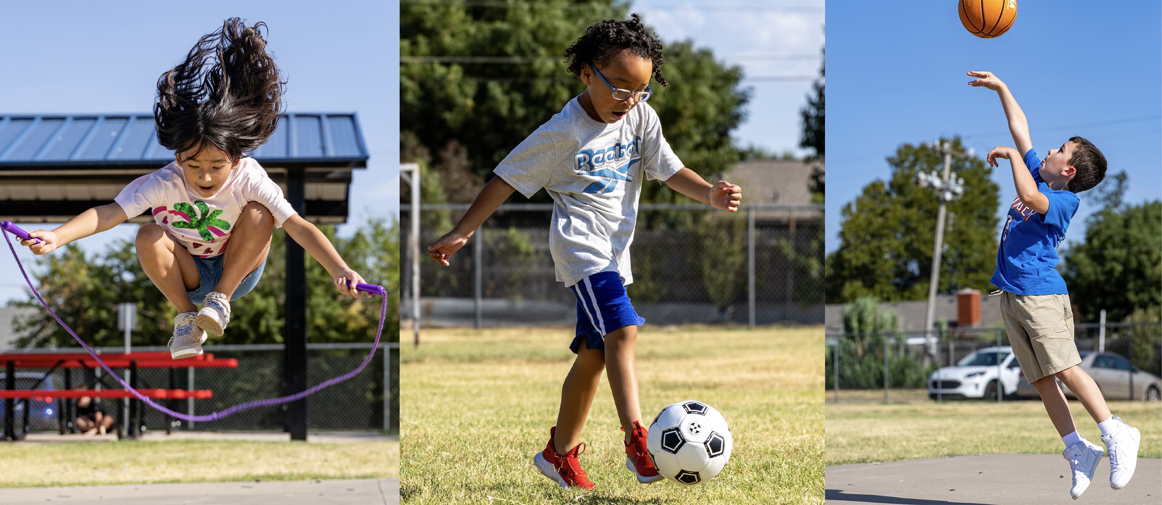 Three photos showing elementary aged students playing outdoors in the sun.