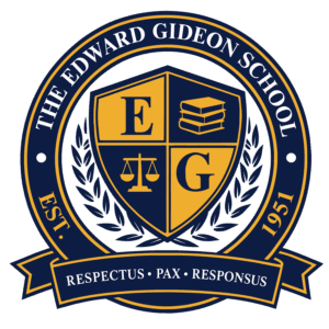 Edward Gideon School crest featuring a shield with books, scales, and the letters E and G in navy, gold, and white.