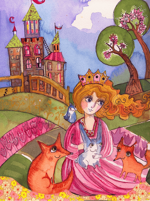 Watercolor illustration of a princess with animals