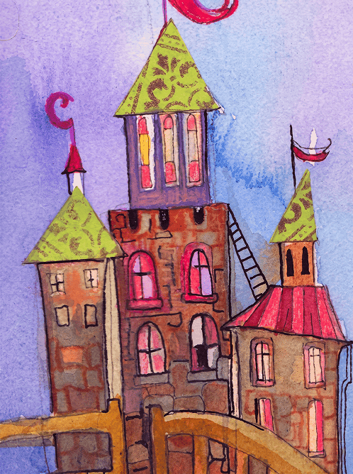 Watercolor illustration of a whimsical castle