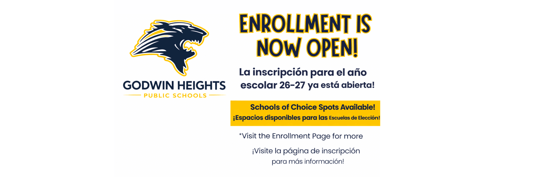 Enrollment announcement for Godwin Heights Public Schools.