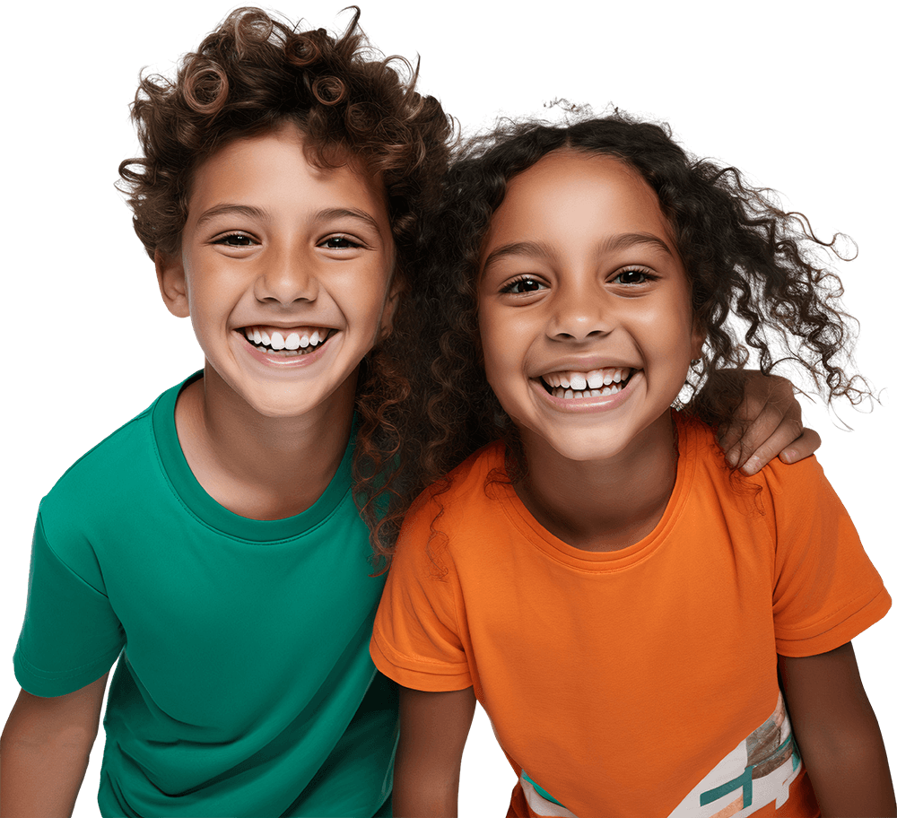 Two joyful children showcasing their bright smiles and happiness.