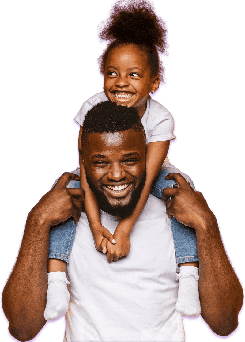 A father and daughter share a joyful moment together, set against a vibrant purple background.