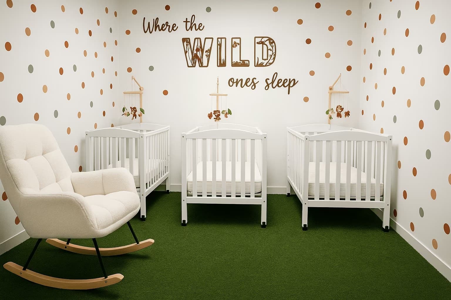 Infant nap room with individual cribs and rocking chair at ENLA Learning daycare in Fishtown, Philadelphia