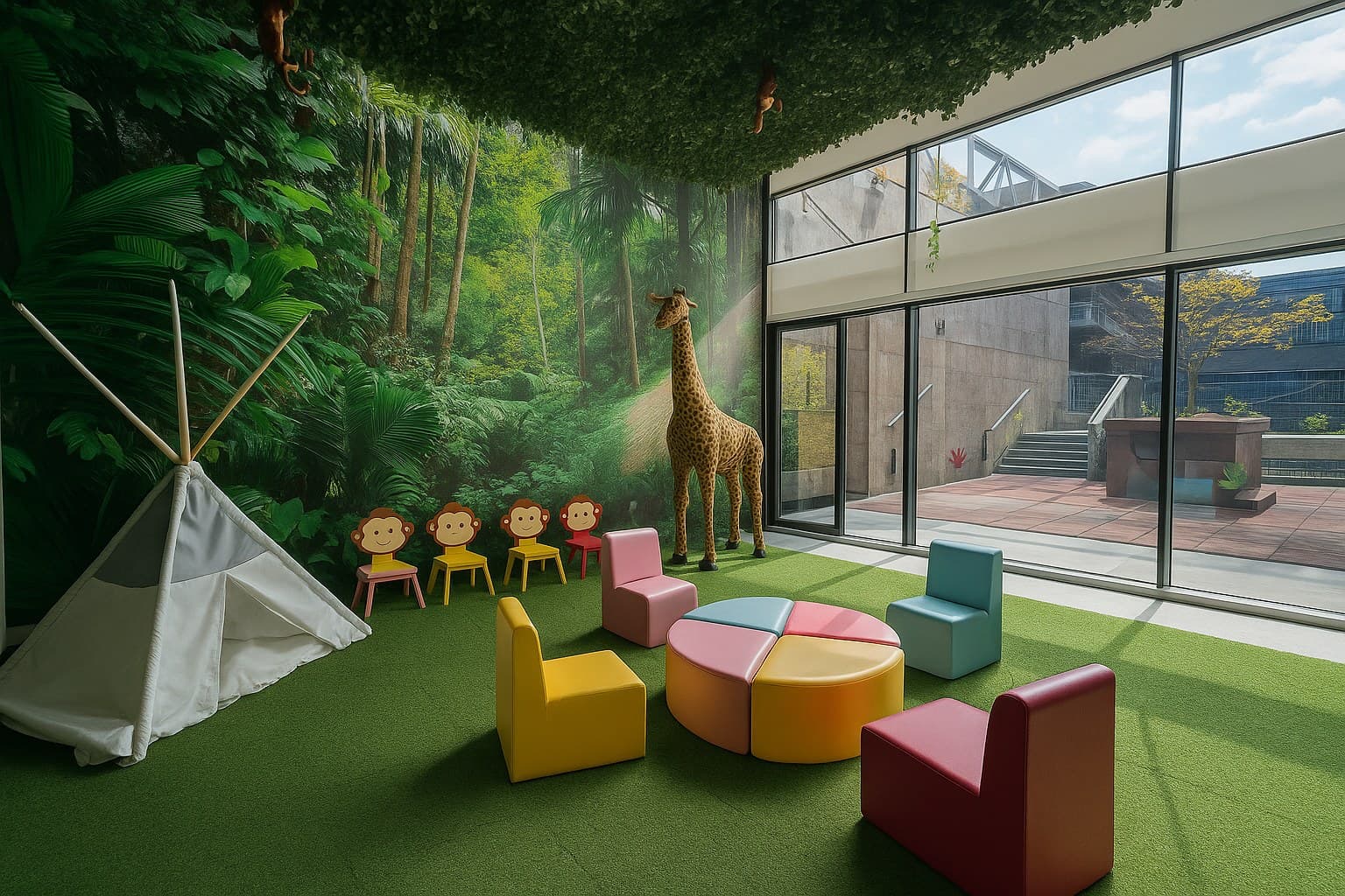 Jungle-themed children's learning space with colorful chairs, round table, play tent, and giraffe sculpture.