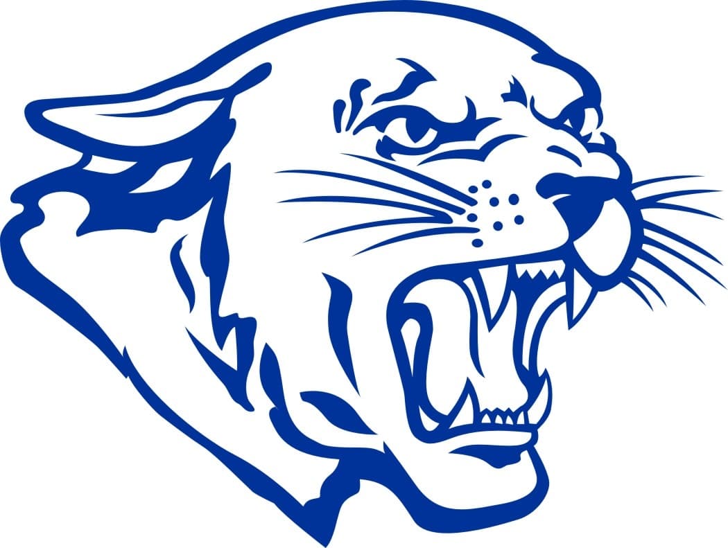 A stylized blue illustration of a roaring panther's head, showcasing its fierce expression and sharp teeth.