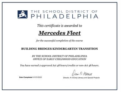 Certificate awarded to Mercedes Fleet for completing a kindergarten transition course.