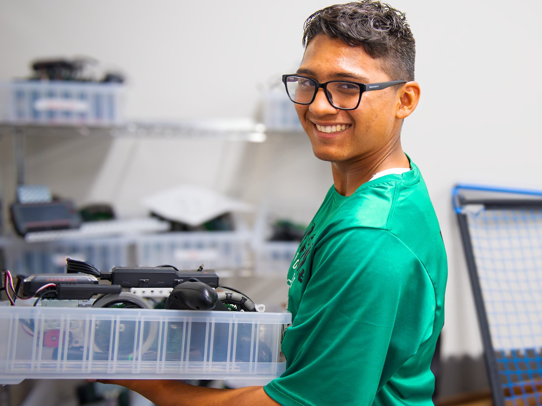 Student working with robotics