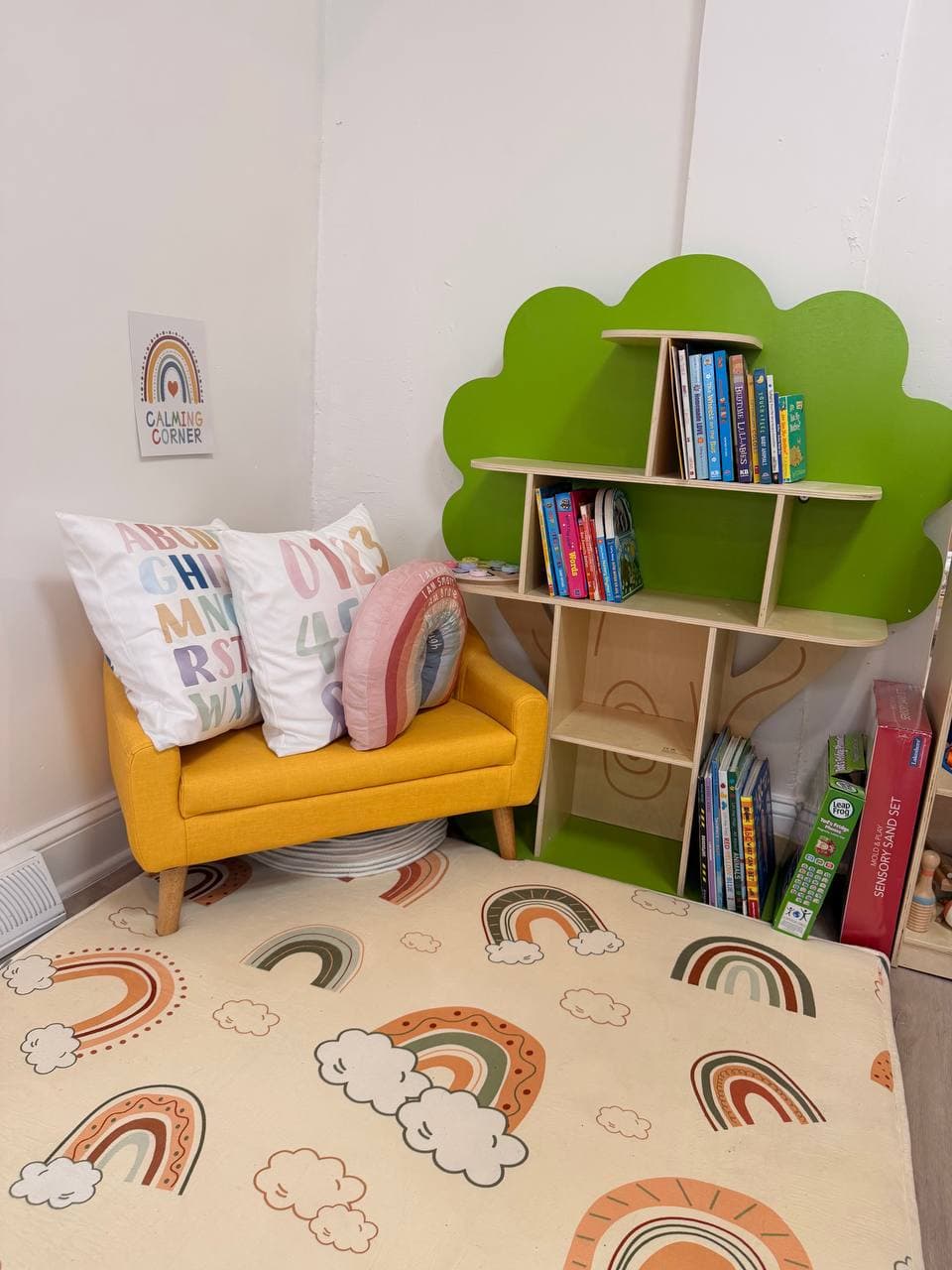 Cozy reading and calming corner inside the daycare